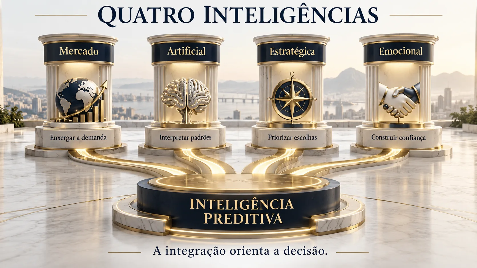 Infográfico "Quatro Inteligências": quatro pilares, Mercado (enxergar a demanda), Artificial (interpretar padrões), Estratégica (priorizar escolhas) e Emocional (construir confiança), convergem para a Inteligência Preditiva. Legenda: a integração orienta a decisão.