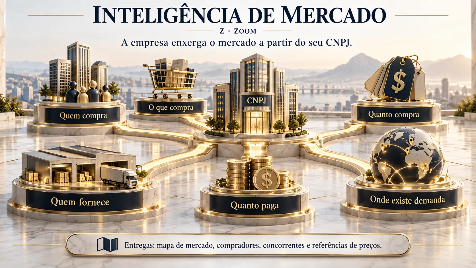 Infográfico "Inteligência de Mercado" (Z, Zoom): a empresa enxerga o mercado a partir do seu CNPJ, no centro, ligado a seis pontos: quem compra, o que compra, quanto compra, quem fornece, quanto paga e onde existe demanda. Entregas: mapa de mercado, compradores, concorrentes e referências de preços.