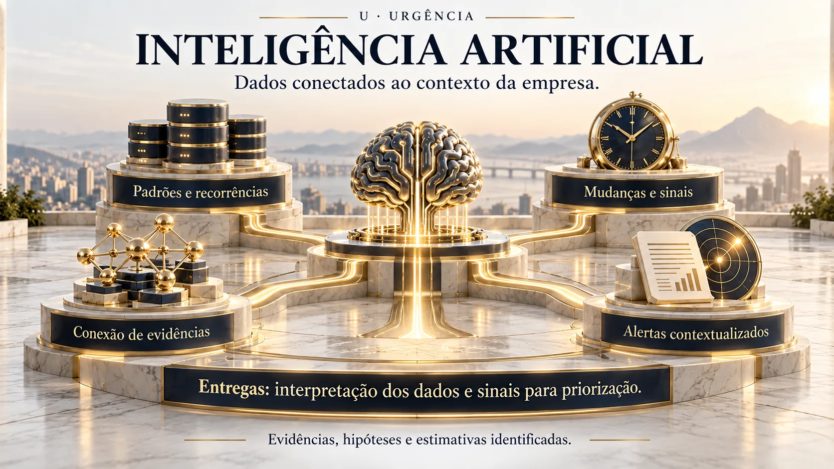 Infográfico "Inteligência Artificial" (U, Urgência): um cérebro digital no centro conecta padrões e recorrências, mudanças e sinais, conexão de evidências e alertas contextualizados. Entregas: interpretação dos dados e sinais para priorização. Evidências, hipóteses e estimativas identificadas.