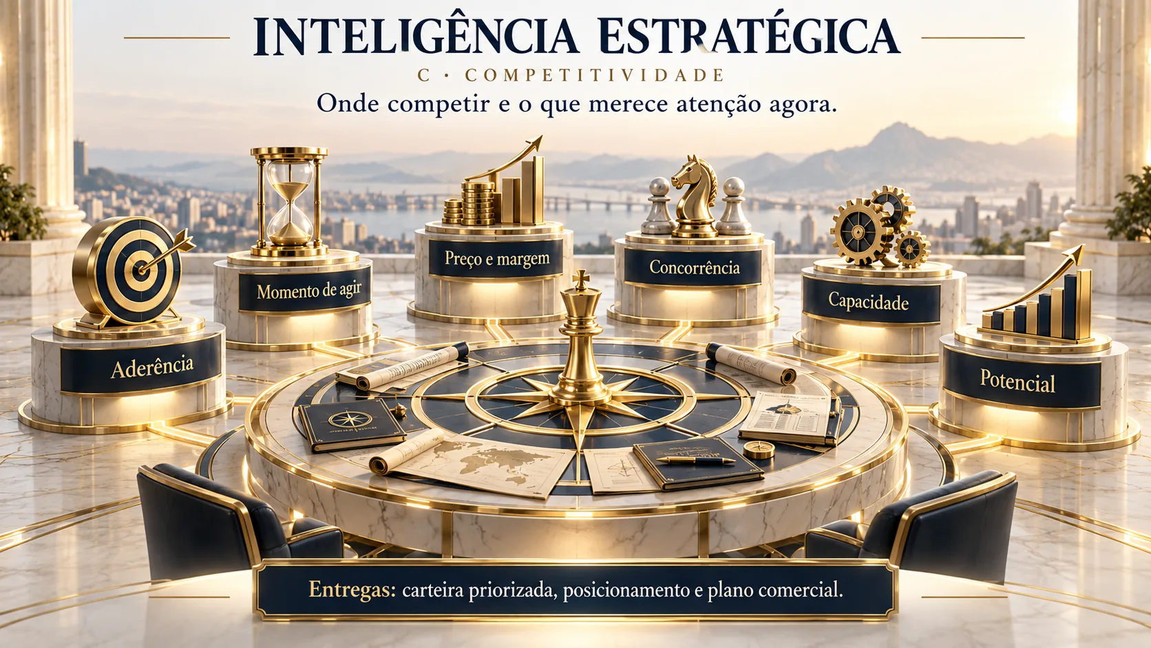Infográfico "Inteligência Estratégica" (C, Competitividade): onde competir e o que merece atenção agora. Seis critérios cercam uma mesa de estratégia: aderência, momento de agir, preço e margem, concorrência, capacidade e potencial. Entregas: carteira priorizada, posicionamento e plano comercial.