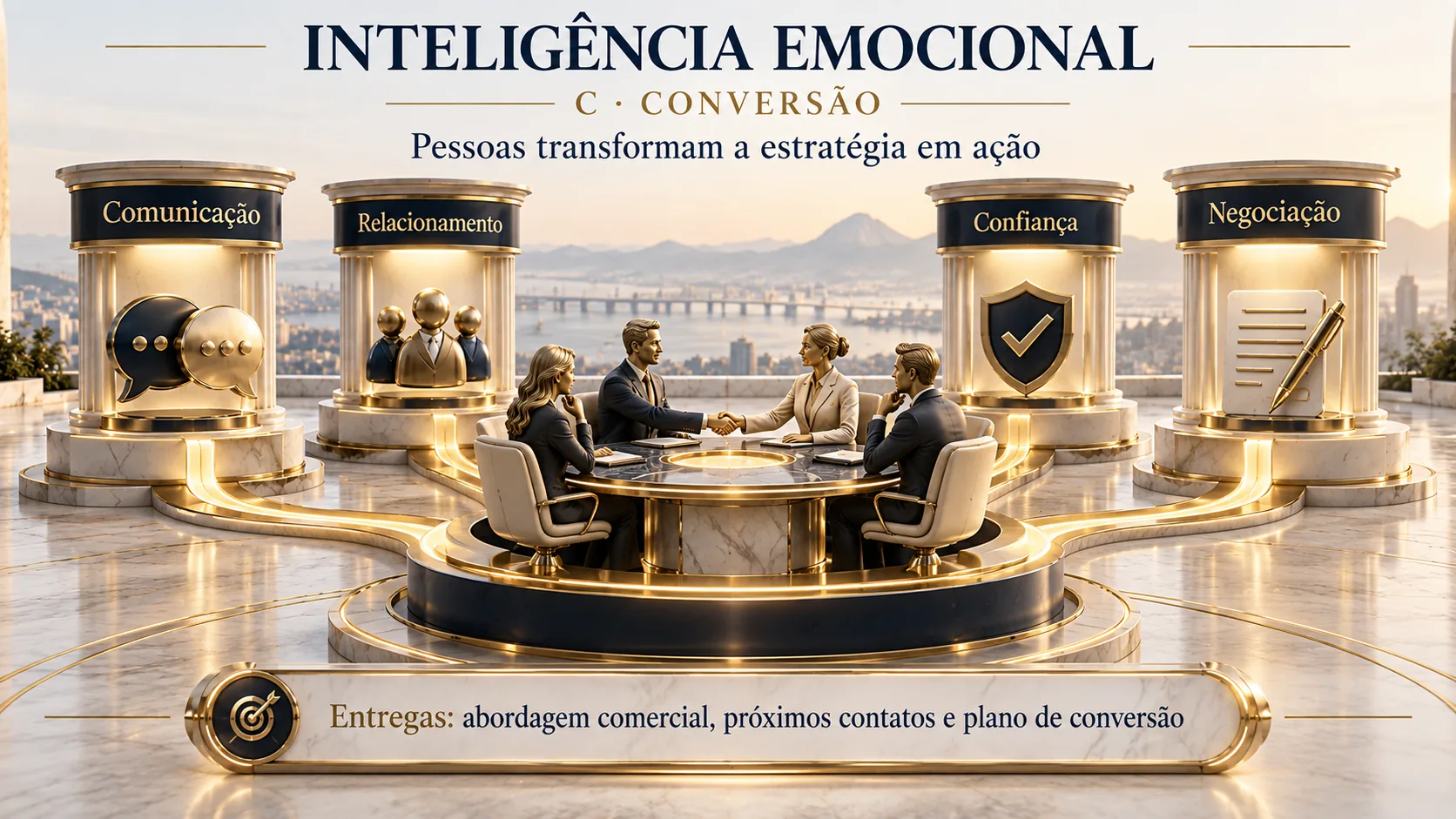 Infográfico "Inteligência Emocional" (C, Conversão): pessoas transformam a estratégia em ação. Quatro pilares, comunicação, relacionamento, confiança e negociação, cercam uma mesa de reunião comercial. Entregas: abordagem comercial, próximos contatos e plano de conversão.