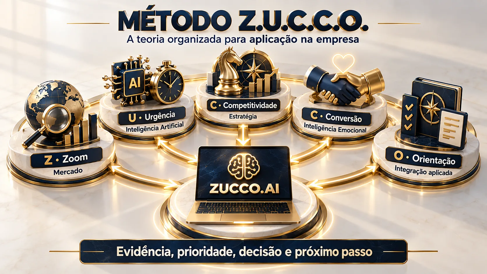 Infográfico "Método Z.U.C.C.O.": a teoria organizada para aplicação na empresa. Cinco etapas, Zoom (mercado), Urgência (inteligência artificial), Competitividade (estratégia), Conversão (inteligência emocional) e Orientação (integração aplicada), levam ao ZUCCO.AI. Evidência, prioridade, decisão e próximo passo.