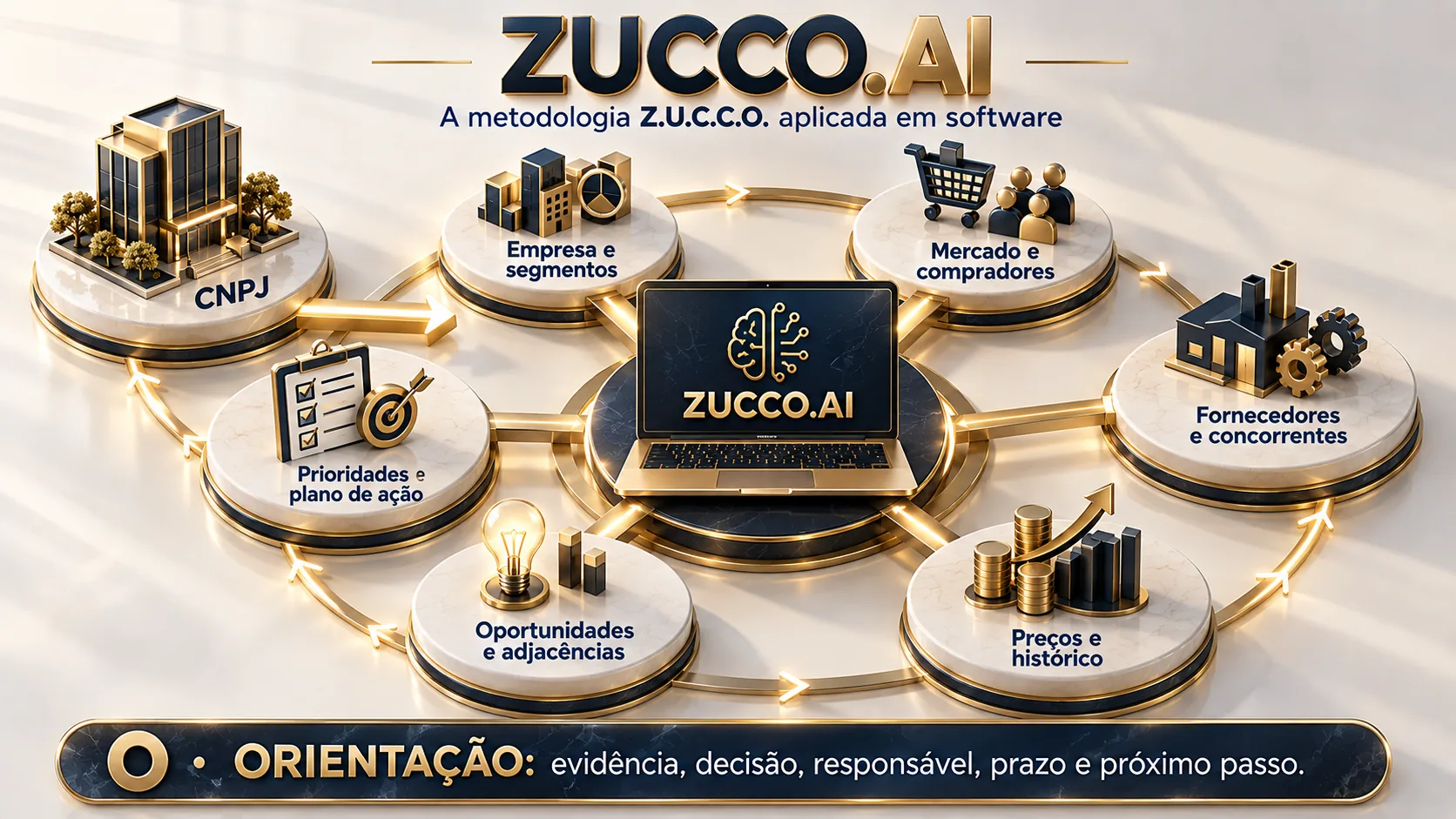 Infográfico "ZUCCO.AI": a metodologia Z.U.C.C.O. aplicada em software. A partir do CNPJ, o aplicativo percorre empresa e segmentos, mercado e compradores, fornecedores e concorrentes, preços e histórico, oportunidades e adjacências, prioridades e plano de ação. Orientação: evidência, decisão, responsável, prazo e próximo passo.