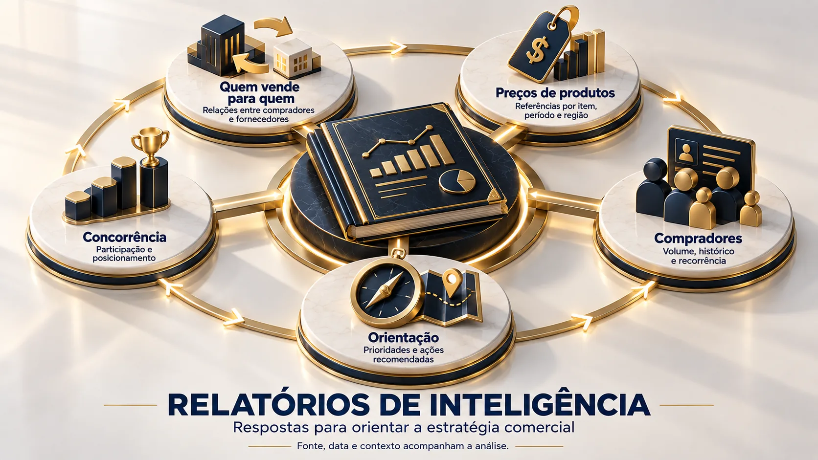 Infográfico "Relatórios de inteligência": respostas para orientar a estratégia comercial. Em volta de um relatório central, cinco leituras: quem vende para quem, preços de produtos, compradores (volume, histórico e recorrência), concorrência (participação e posicionamento) e orientação (prioridades e ações recomendadas). Fonte, data e contexto acompanham a análise.