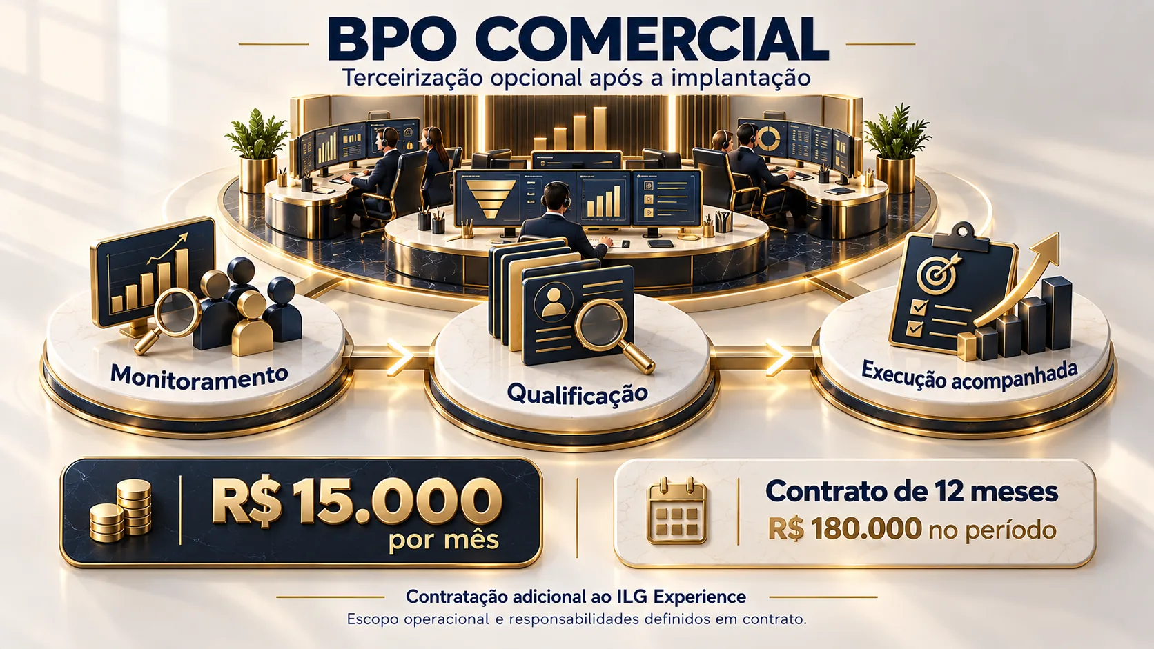 Infográfico "BPO comercial": terceirização opcional após a implantação, em três etapas: monitoramento, qualificação e execução acompanhada. R$ 15.000 por mês, contrato de 12 meses, R$ 180.000 no período. Contratação adicional ao ILG Experience, com escopo operacional e responsabilidades definidos em contrato.